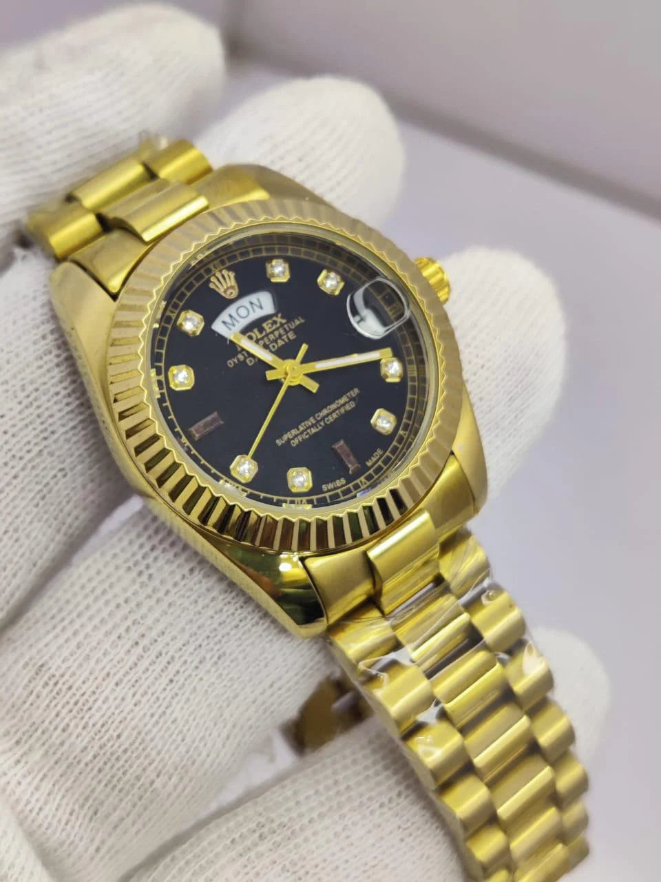 RLX oyster perpetual Day/Date Gold Diamond Chain Black Dial