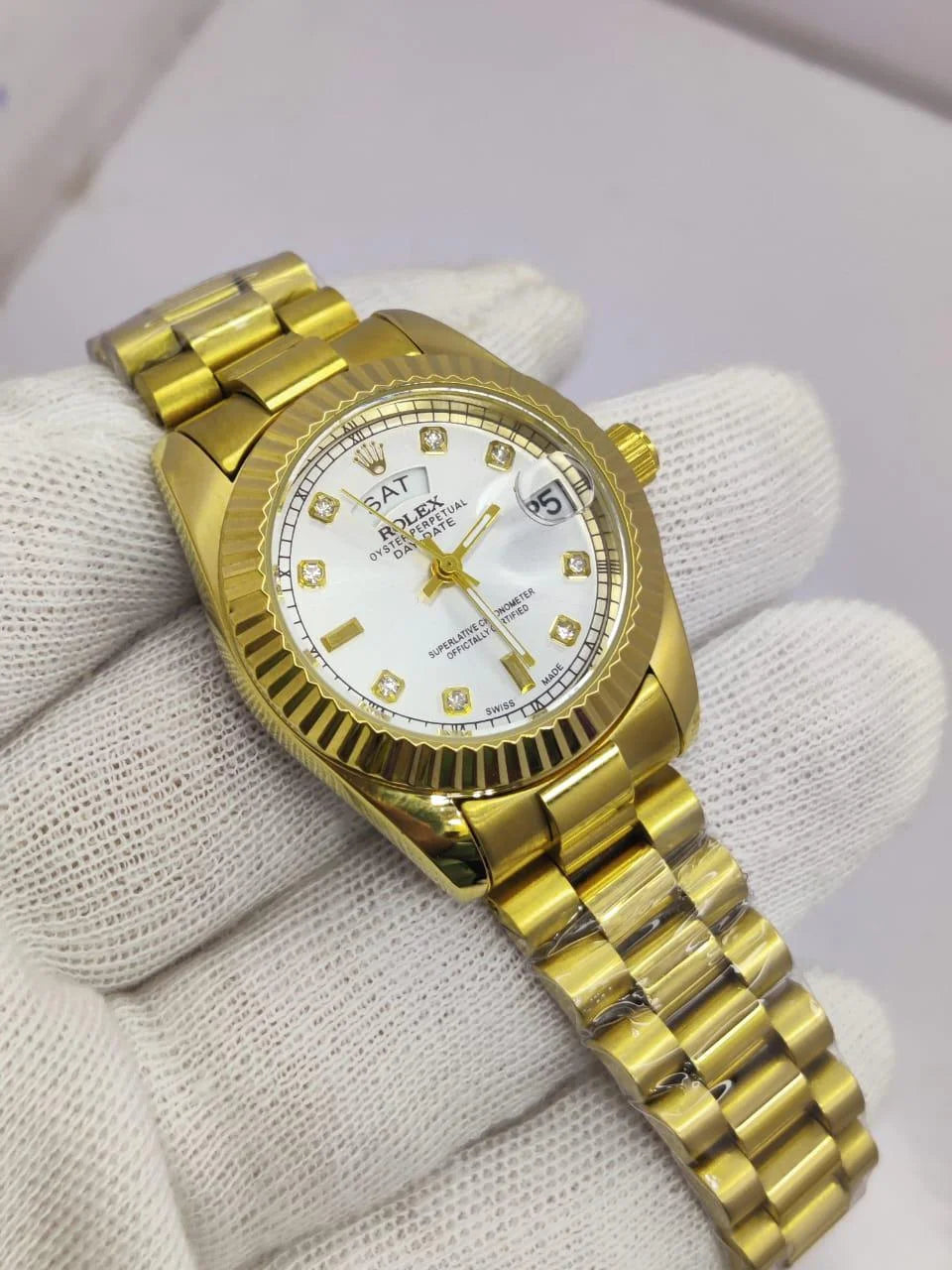 RLX oyster perpetual Day/Date Gold Diamond Chain White Dial